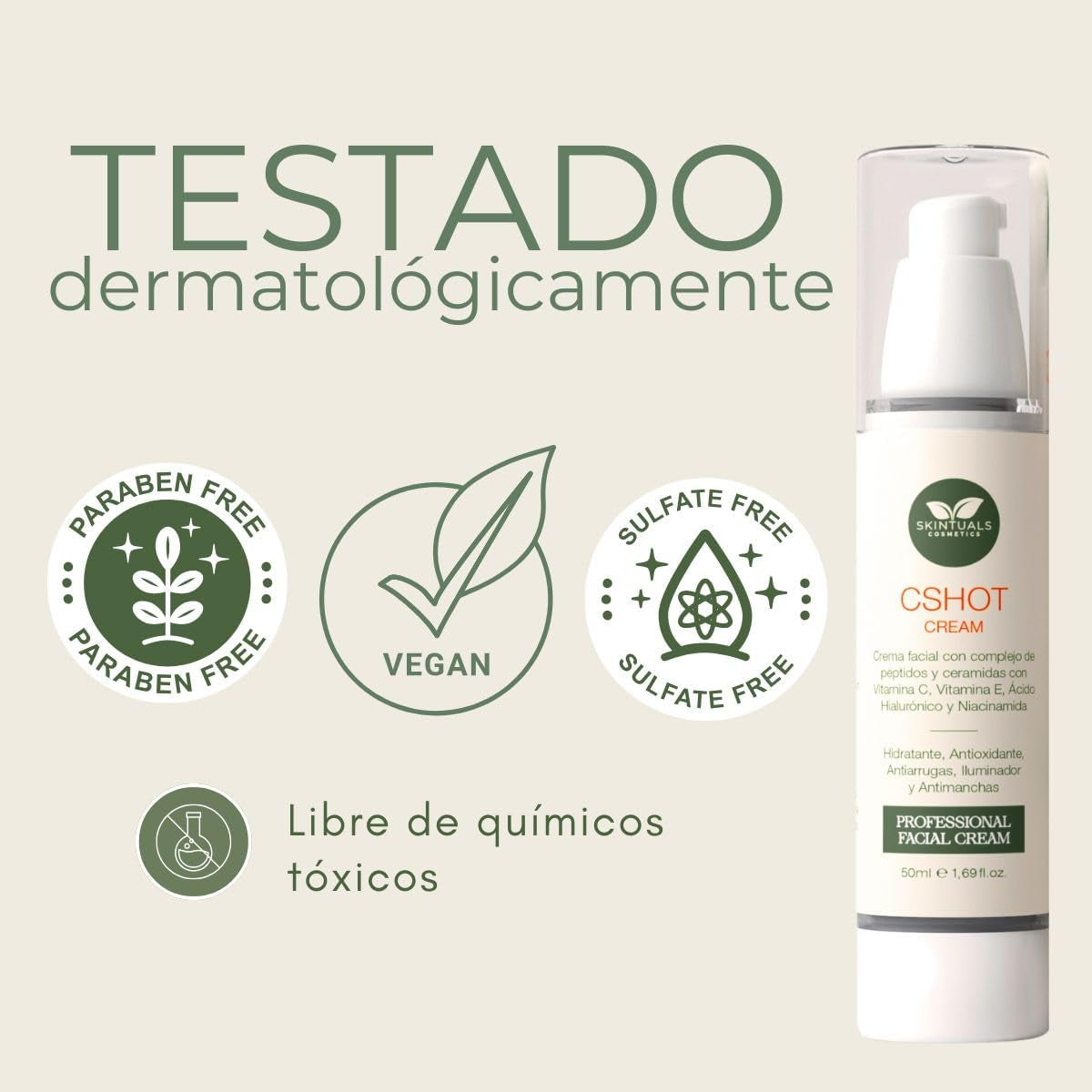 Crema Hidratante Facial Con Complejo De Péptidos Y Cerámidas, Vitamina C, E, Ácido Hialurónico, Niacinamida Y Aloe Vera 50Ml. - Hidratación Profunda, Antioxidante Y Antiarrugas by Skintuals Cosmetics