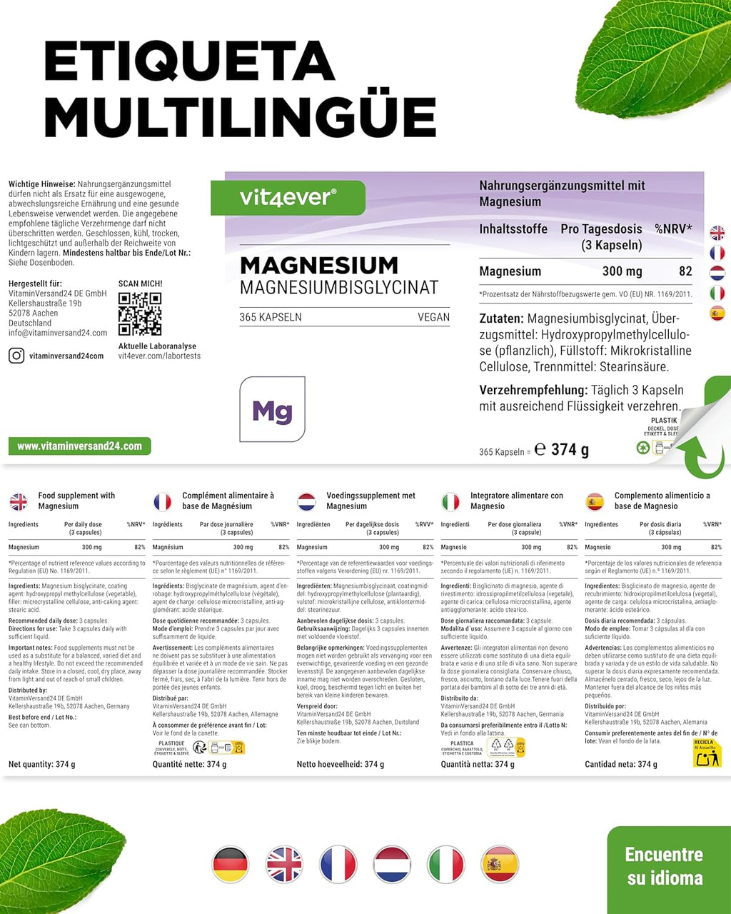 Bisglicinato De Magnesio - 365 Cápsulas - 300 Mg De Magnesio Elemental Por Dosis Diaria - Premium: Magnesio Quelado - Vegano - Alta Dosis