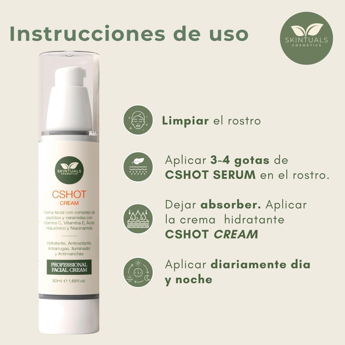 Crema Hidratante Facial Con Complejo De Péptidos Y Cerámidas, Vitamina C, E, Ácido Hialurónico, Niacinamida Y Aloe Vera 50Ml. - Hidratación Profunda, Antioxidante Y Antiarrugas by Skintuals Cosmetics