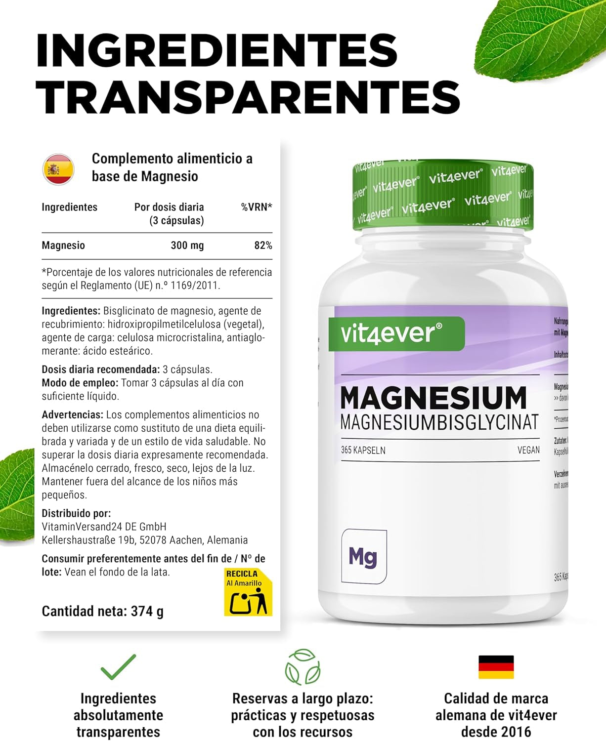 Bisglicinato De Magnesio - 365 Cápsulas - 300 Mg De Magnesio Elemental Por Dosis Diaria - Premium: Magnesio Quelado - Vegano - Alta Dosis