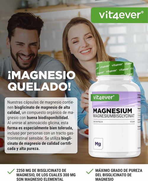 Bisglicinato De Magnesio - 365 Cápsulas - 300 Mg De Magnesio Elemental Por Dosis Diaria - Premium: Magnesio Quelado - Vegano - Alta Dosis