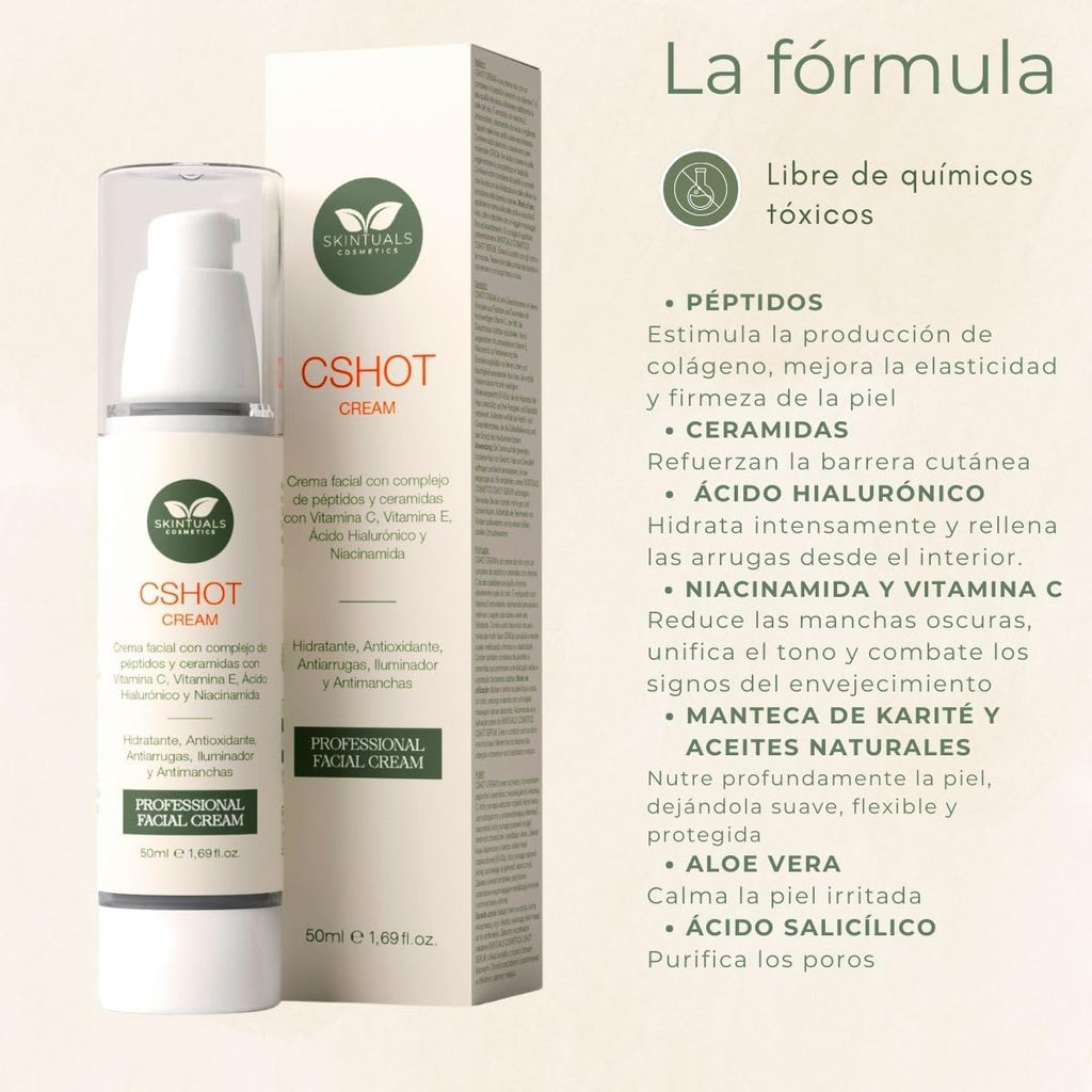 Crema Hidratante Facial Con Complejo De Péptidos Y Cerámidas, Vitamina C, E, Ácido Hialurónico, Niacinamida Y Aloe Vera 50Ml. - Hidratación Profunda, Antioxidante Y Antiarrugas by Skintuals Cosmetics