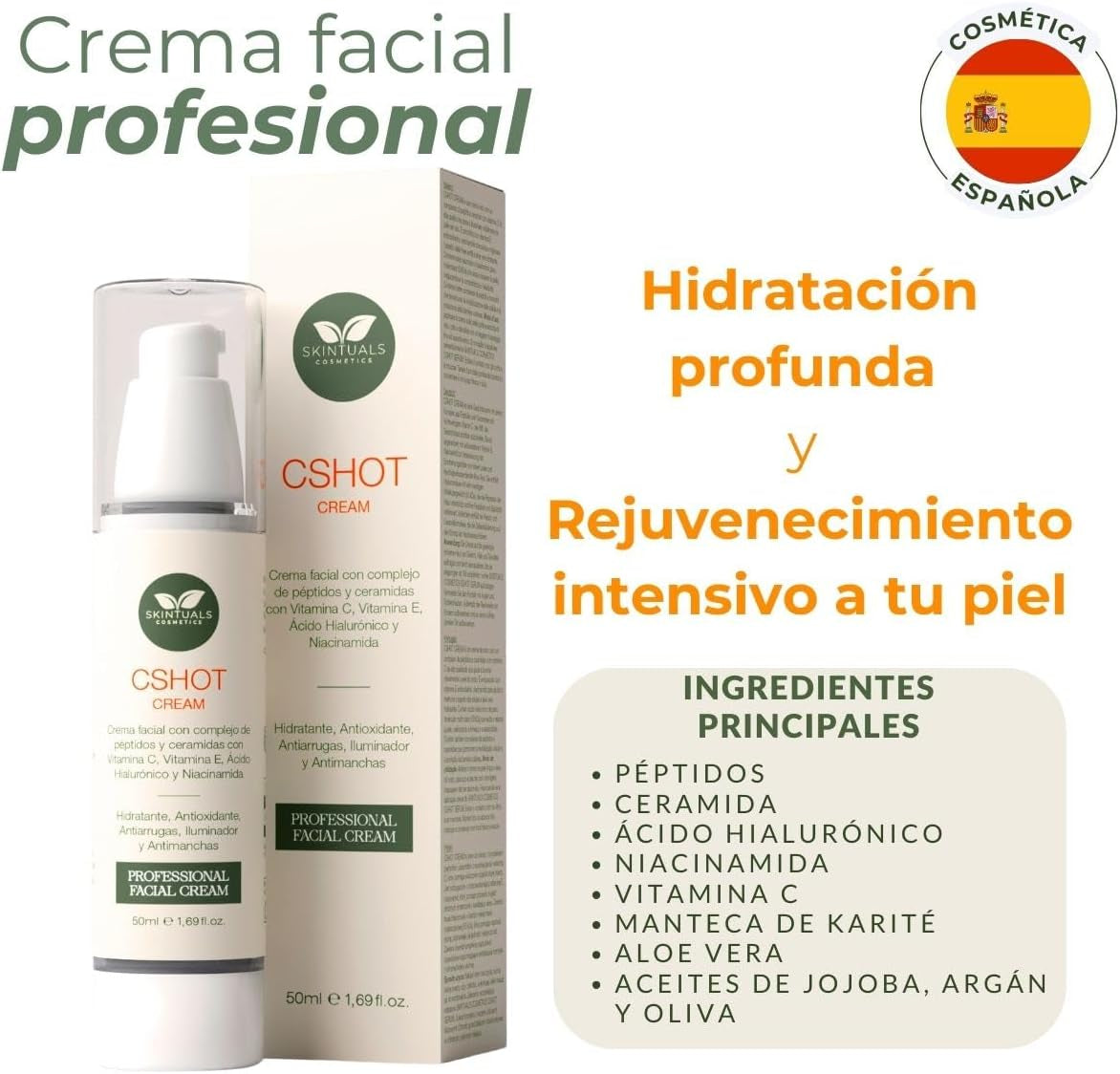Crema Hidratante Facial Con Complejo De Péptidos Y Cerámidas, Vitamina C, E, Ácido Hialurónico, Niacinamida Y Aloe Vera 50Ml. - Hidratación Profunda, Antioxidante Y Antiarrugas by Skintuals Cosmetics