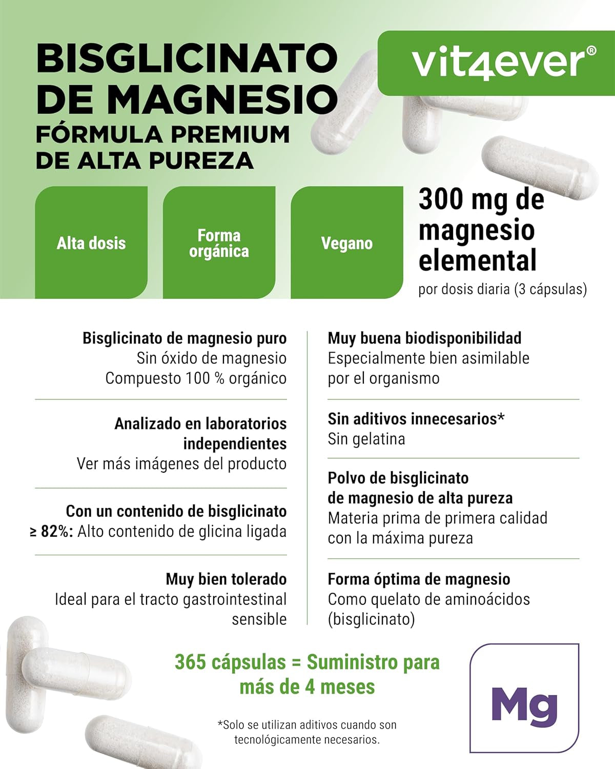 Bisglicinato De Magnesio - 365 Cápsulas - 300 Mg De Magnesio Elemental Por Dosis Diaria - Premium: Magnesio Quelado - Vegano - Alta Dosis